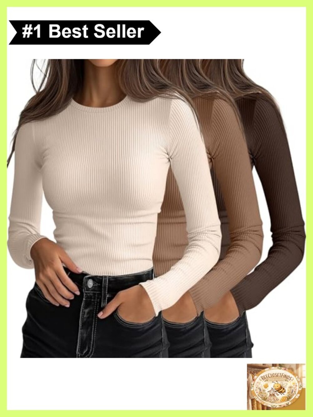 Women's Ribbed Long Sleeve Slim Fit Crew Neck T-Shirt 3 Pack
